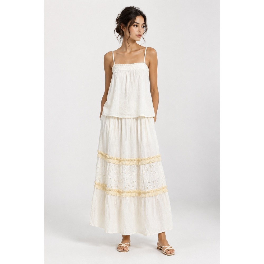 Addconfdt White Cotton Eyelet Fringe Tiered Maxi Skirt Medium NWT